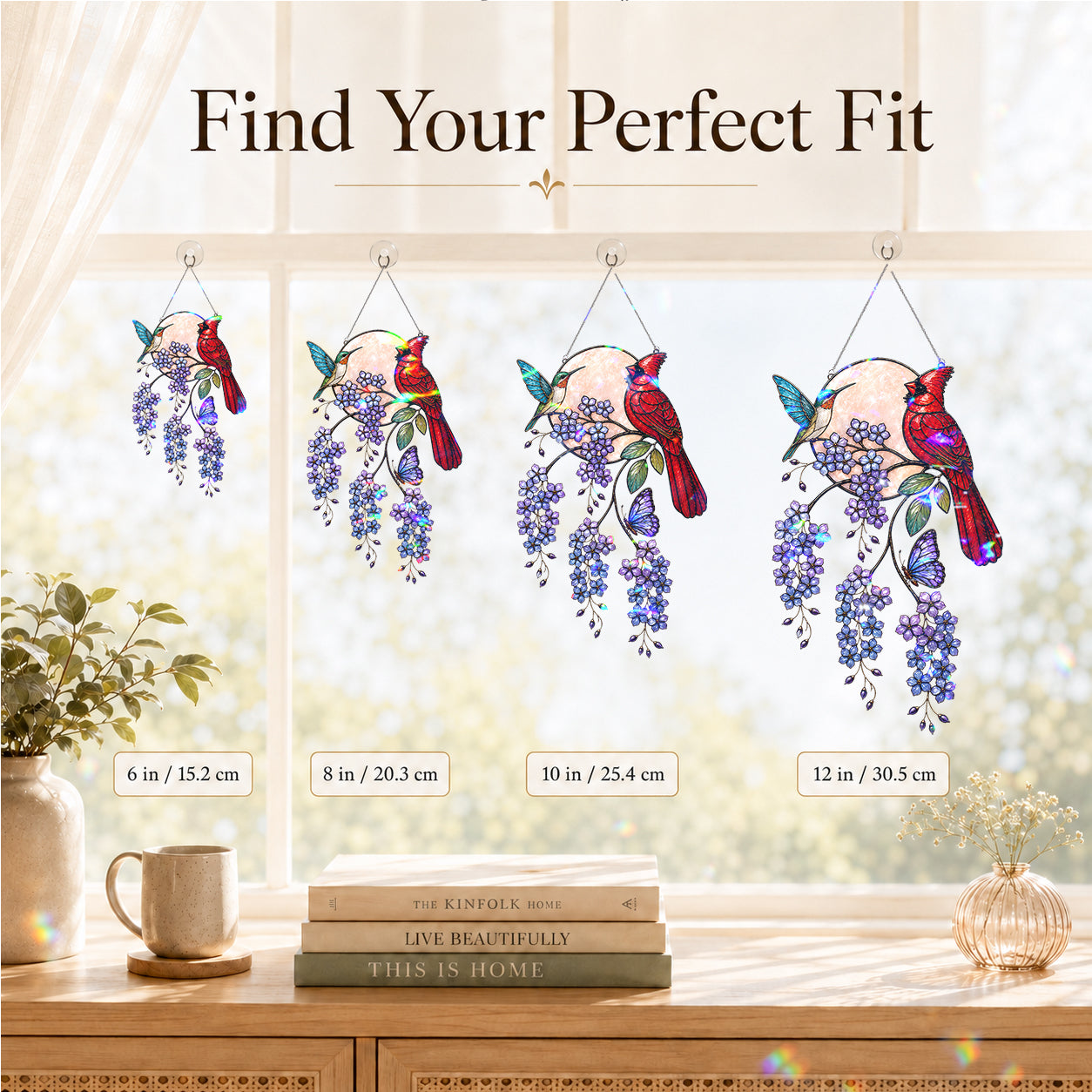 Cardinal & Hummingbird Forget-Me-Not Moon Holographic Acrylic Suncatcher