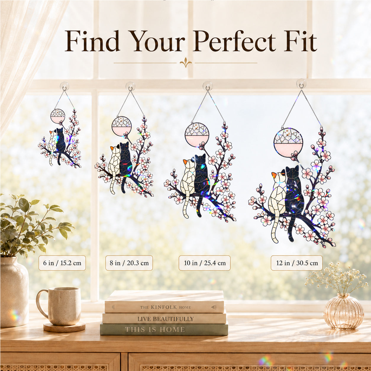 Cat Couple & Cherry Blossom Moon Holographic Acrylic Suncatcher