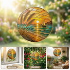 [PIXIWOO] Stained Glass Suncatcher Ocean Sunset Window Hanging Decor, Beach Sun Catcher Ornament with Sailboat, Coastal Wall Art for Window, Nautical Home Decor Gift for Beach Lovers