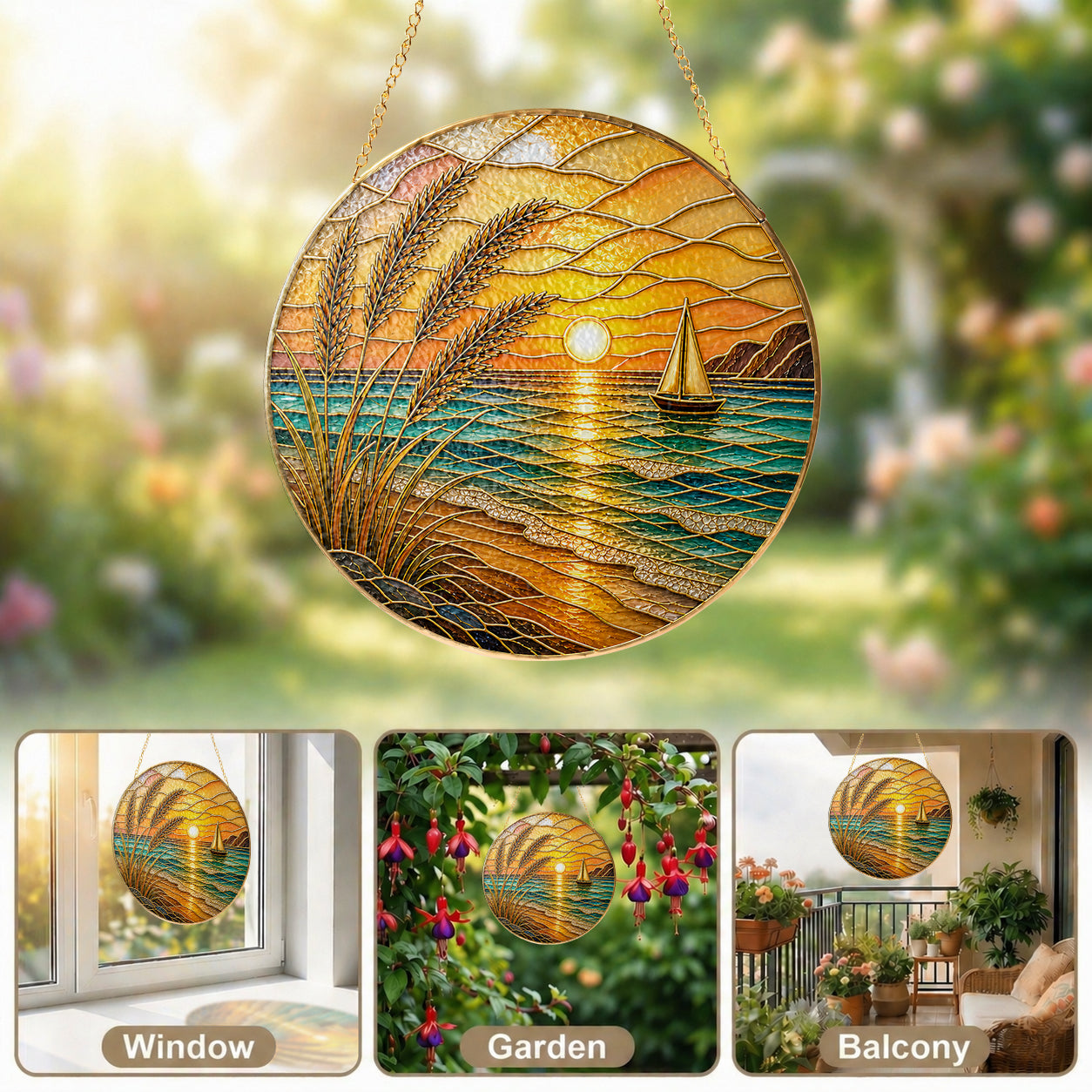 [PIXIWOO] Stained Glass Suncatcher Ocean Sunset Window Hanging Decor, Beach Sun Catcher Ornament with Sailboat, Coastal Wall Art for Window, Nautical Home Decor Gift for Beach Lovers