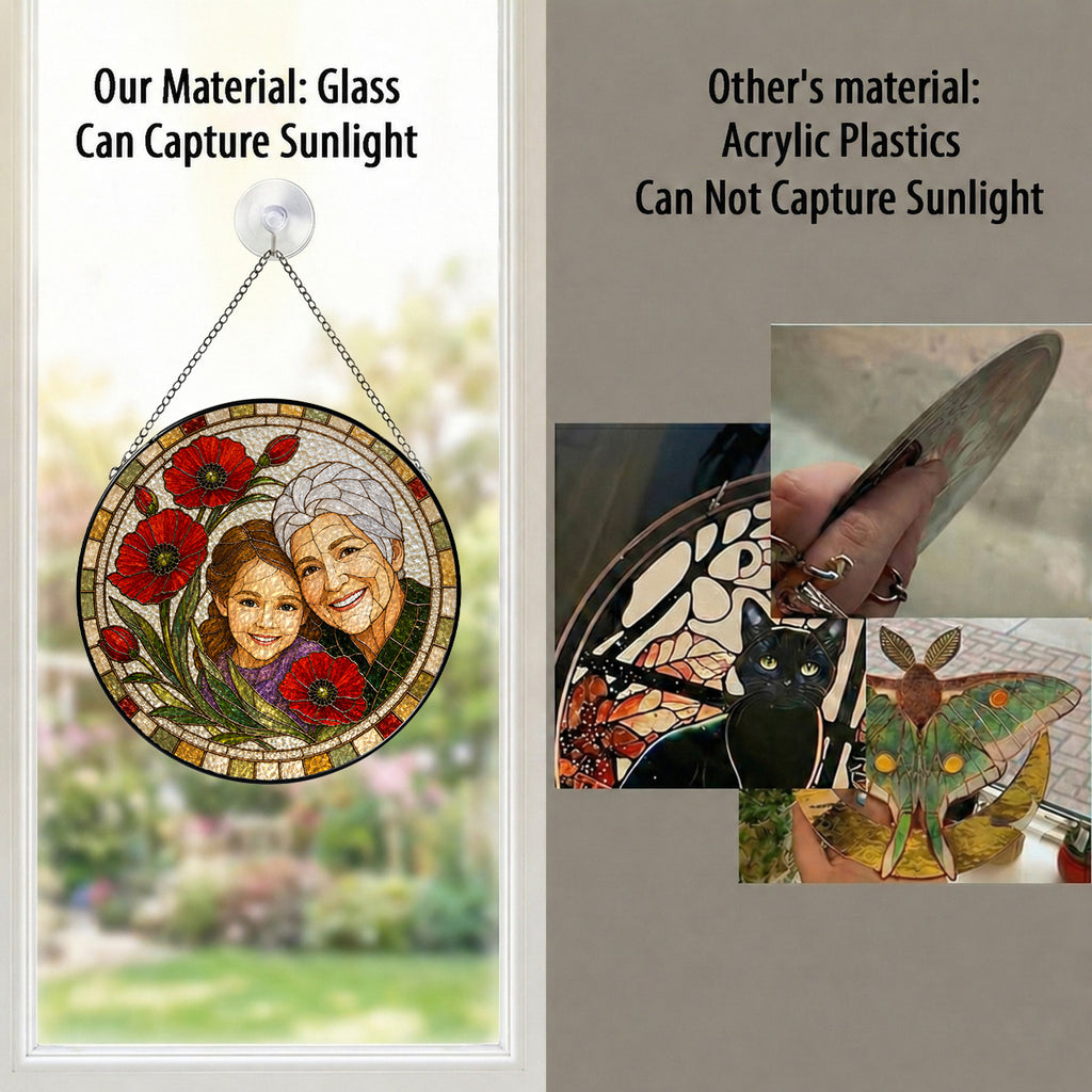Personalized Photo Grandma Suncatcher – Custom Portrait &amp; Poppies Stained Glass Window Hanging