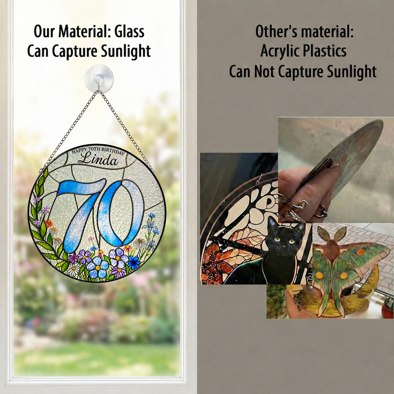 Personalized 70th Birthday Suncatcher – Custom Name Wildflower Stained Glass Gift