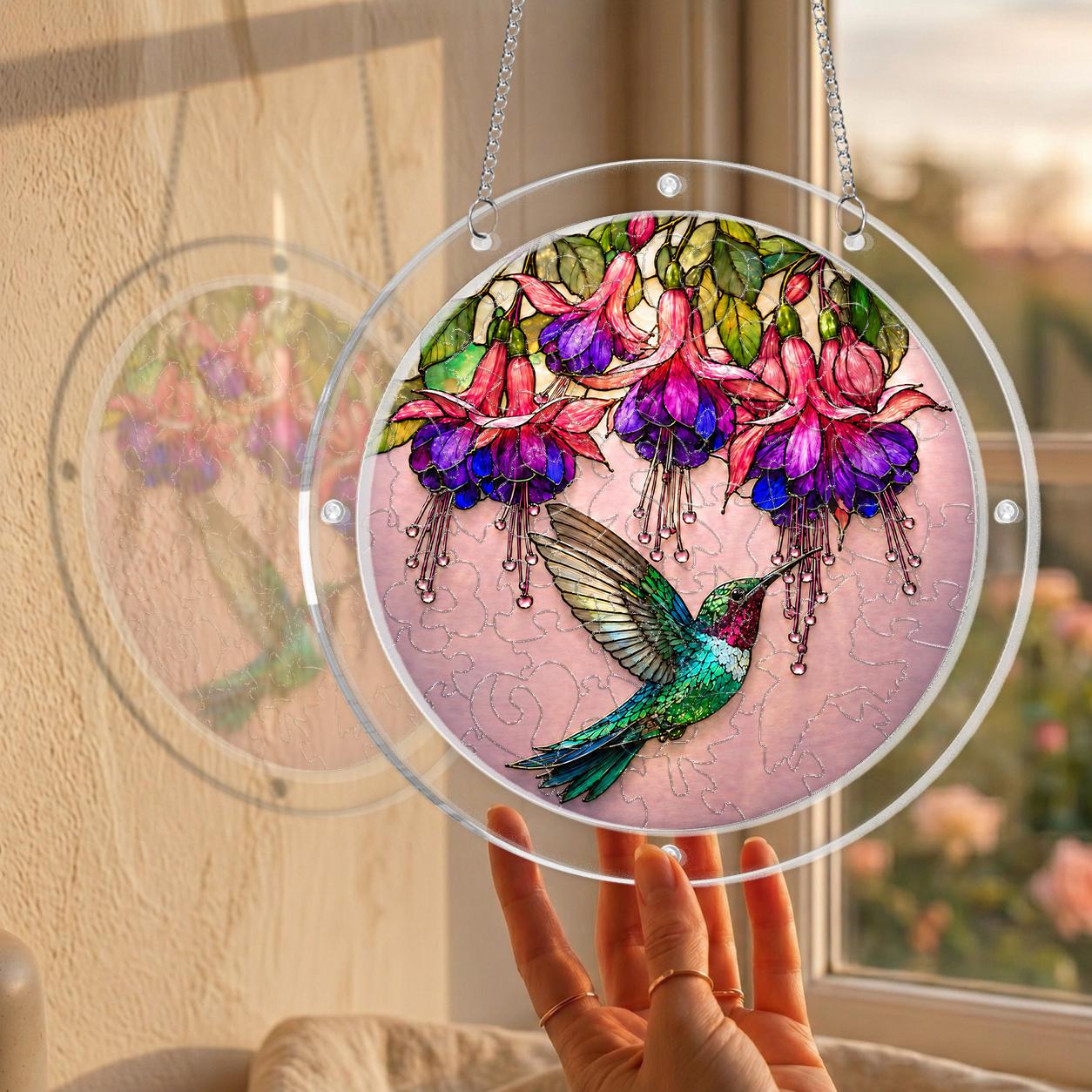 Product detail — front and back views, sizes and hanging hardware of the hummingbird fuchsia puzzle suncatcher