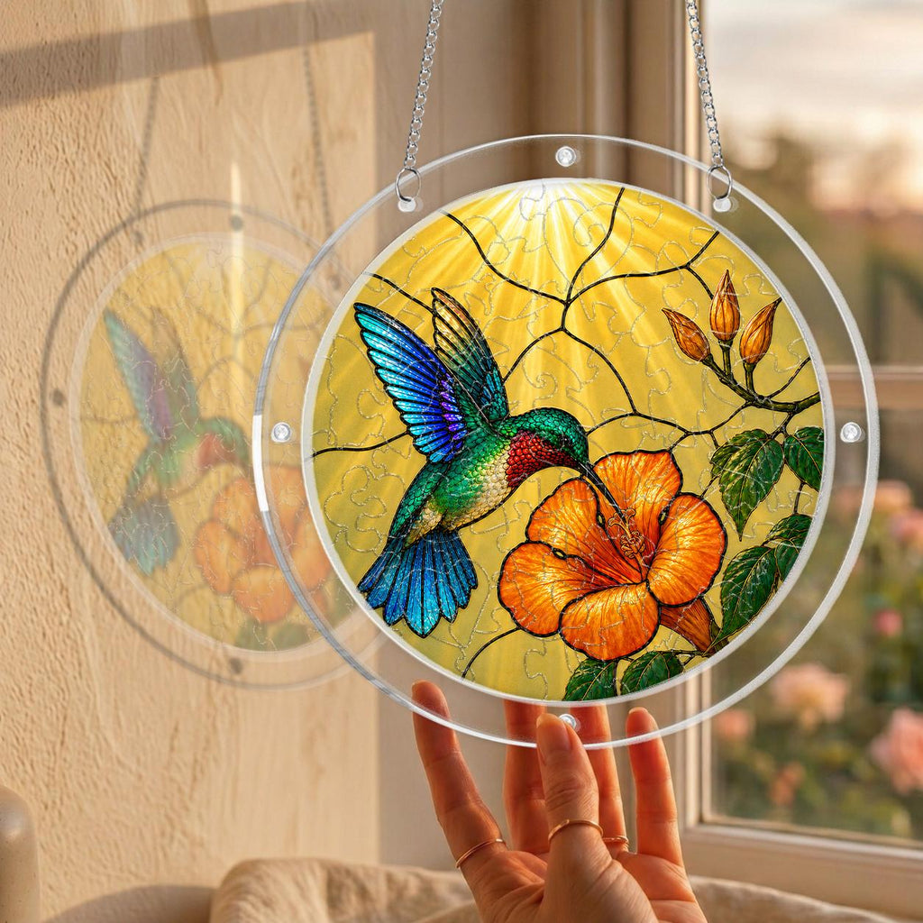 Product detail — front and back views, sizes and hanging hardware of the hummingbird hibiscus puzzle suncatcher