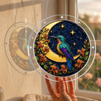 Product detail — front and back views, sizes and hanging hardware of the hummingbird crescent-moon puzzle suncatcher