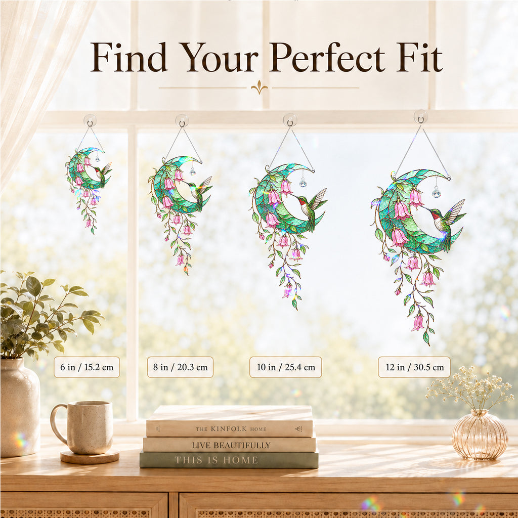 Hummingbird Teal Crescent Moon Holographic Acrylic Suncatcher with Crystal