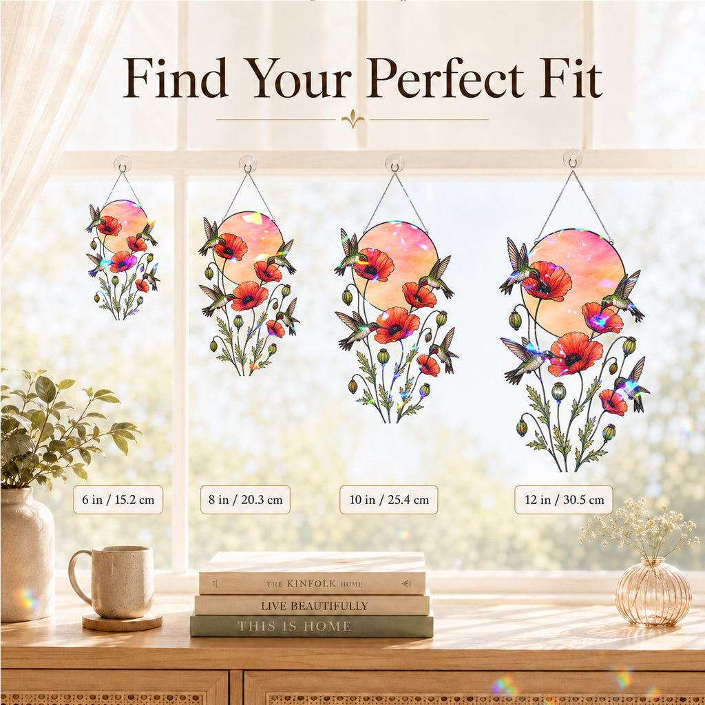 Hummingbirds & Red Poppy Sunset Moon Holographic Acrylic Suncatcher