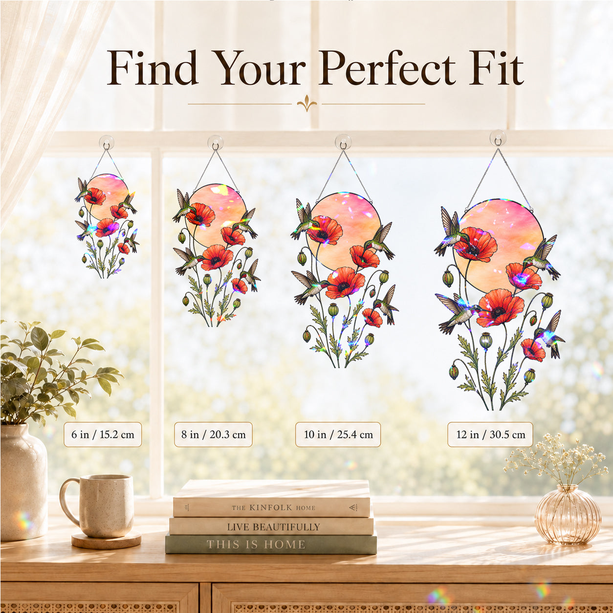 Hummingbirds & Red Poppy Sunset Moon Holographic Acrylic Suncatcher