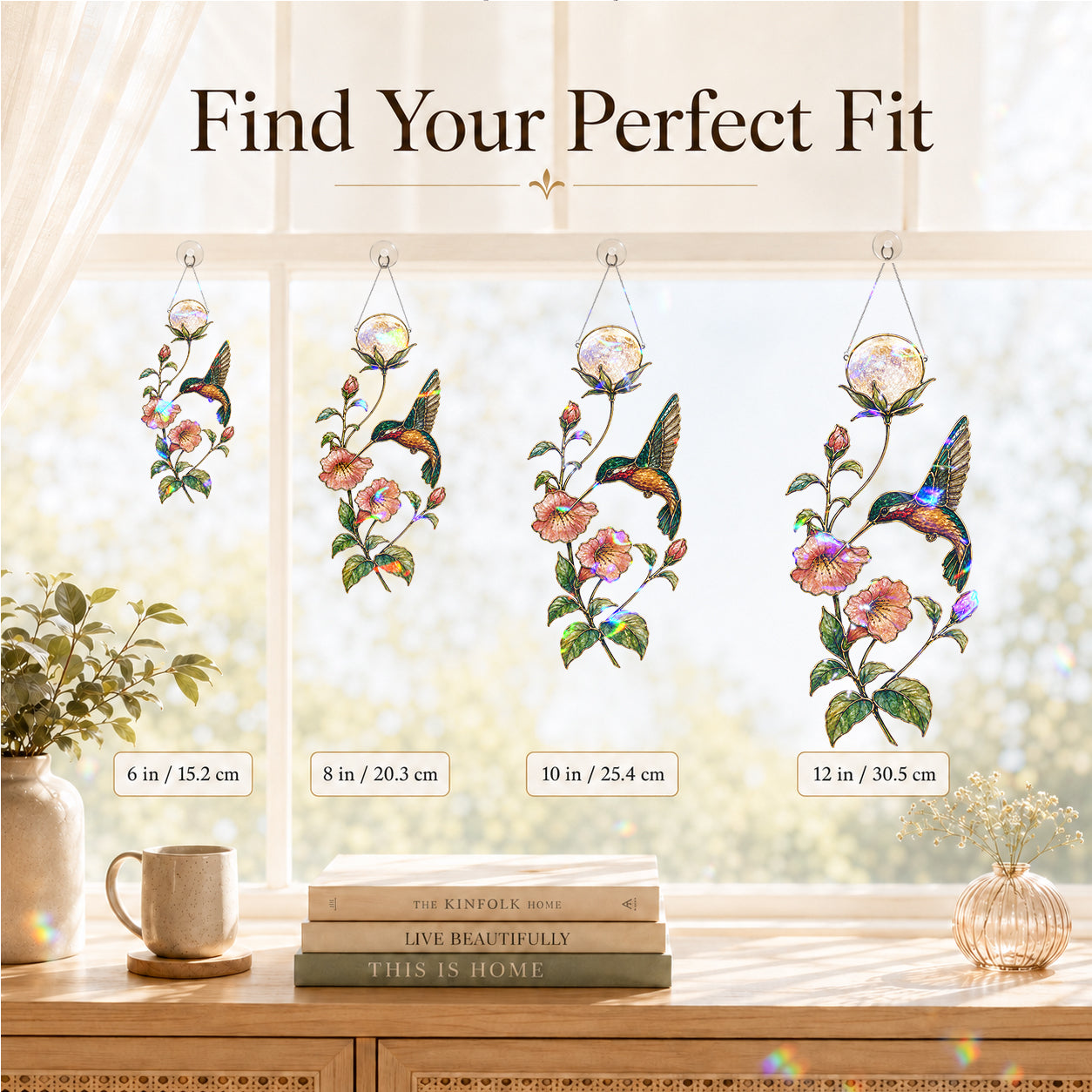 Hummingbird & Trumpet Flower Pearl Moon Holographic Acrylic Suncatcher
