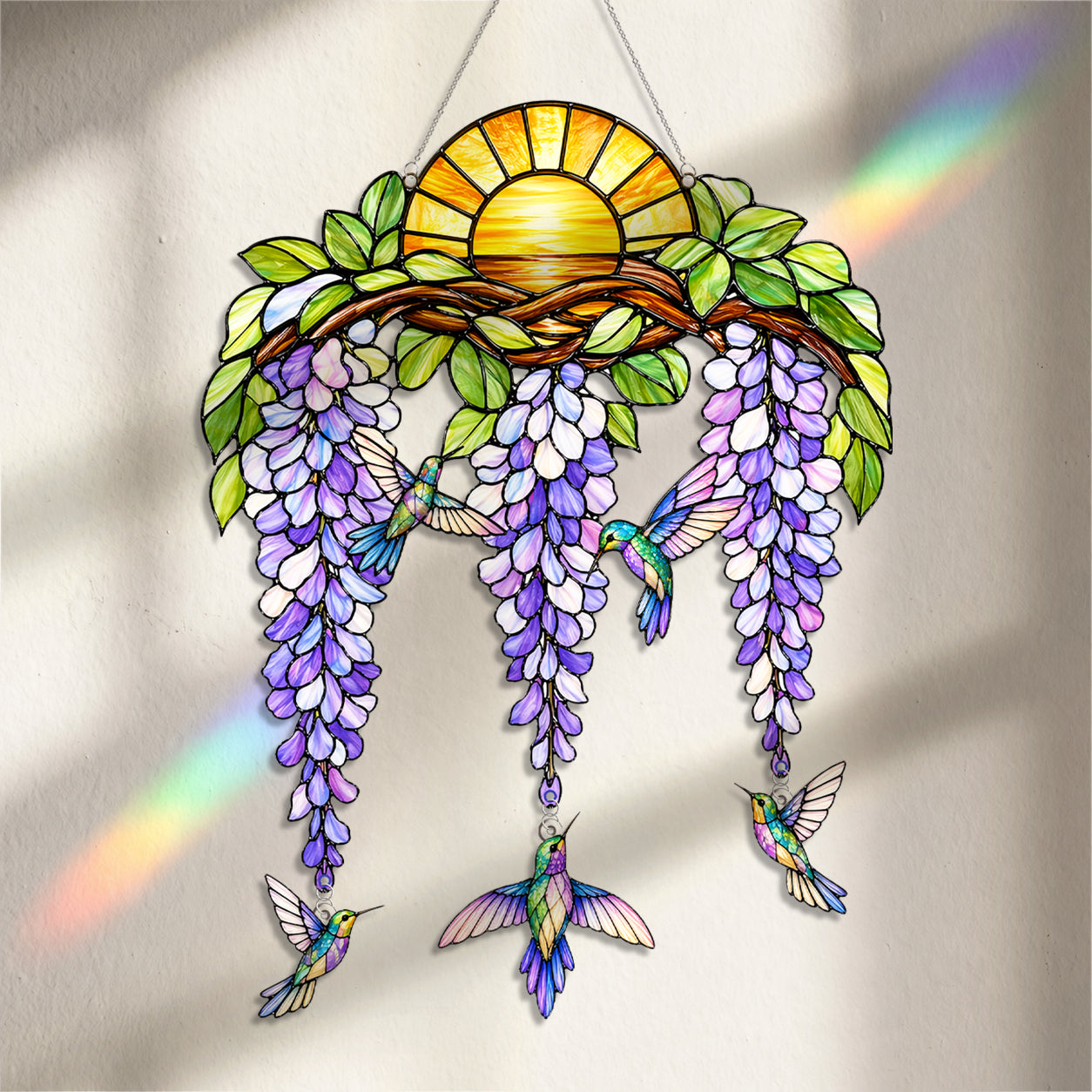Stained Glass Hummingbird Suncatcher Window Hanging , Colorful Rainbow Window Decor