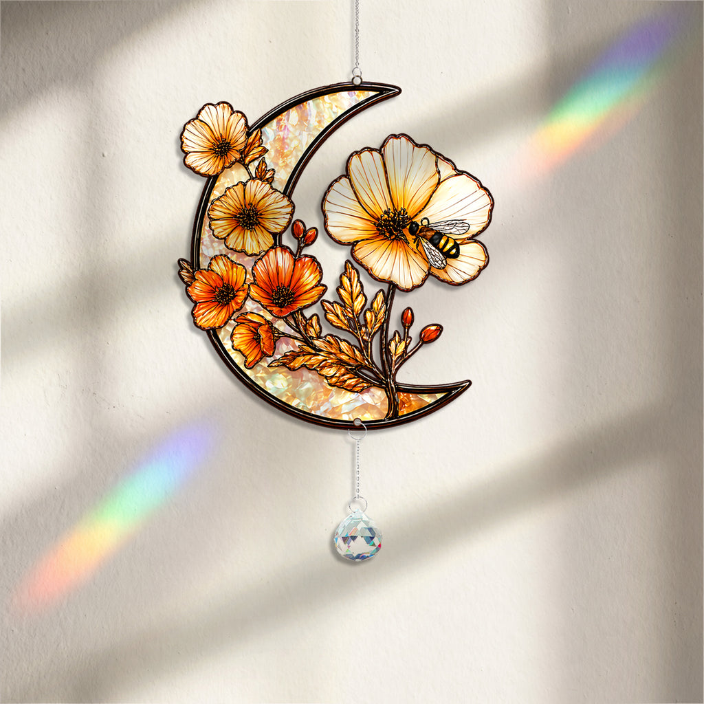 Crescent Moon Stained Glass Suncatcher with Flowers and Bee