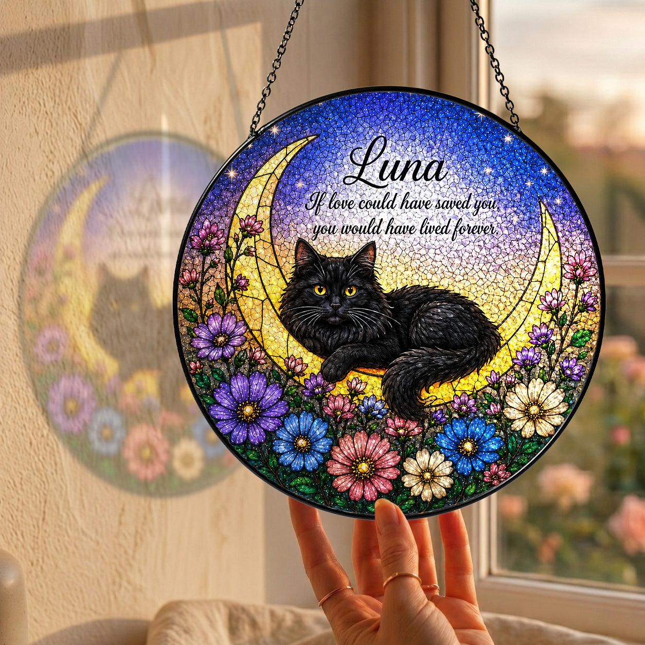Personalized Cat Memorial Moon Stained Glass Suncatcher