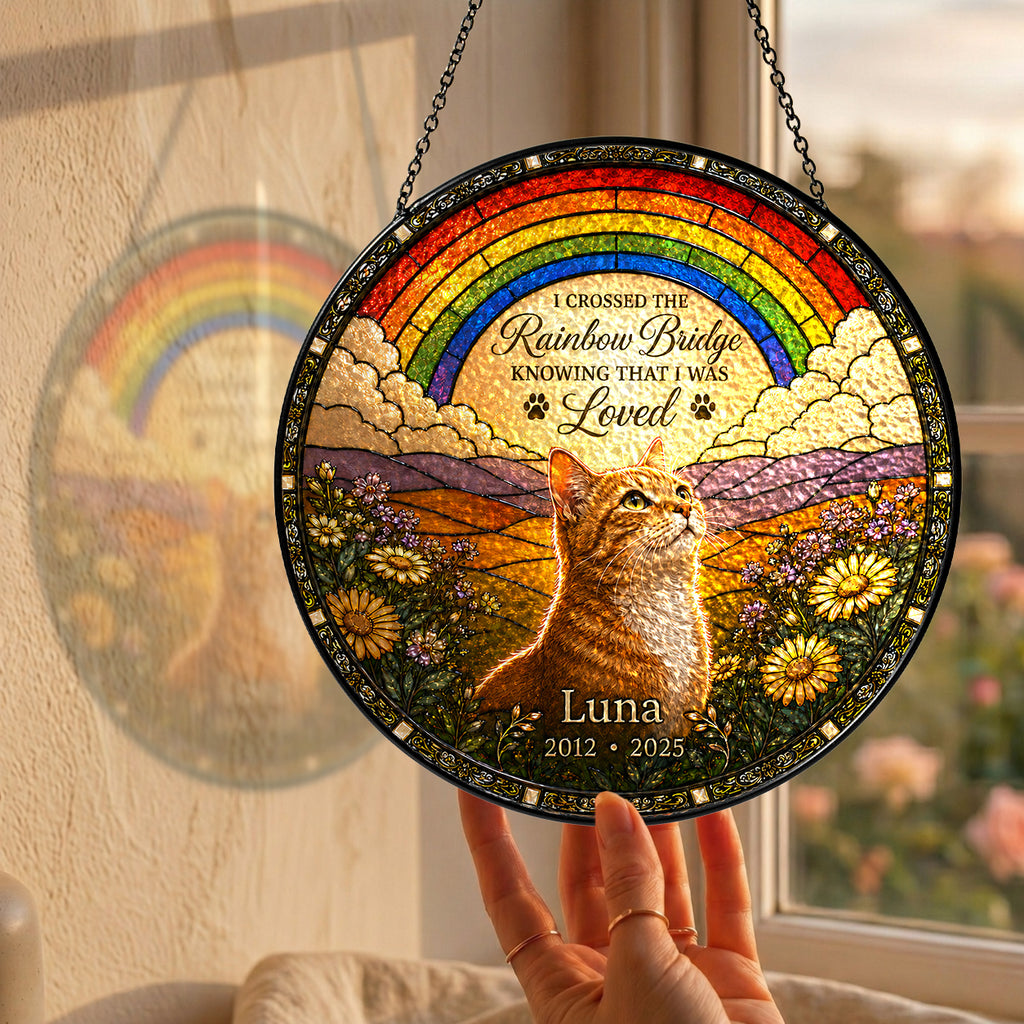 Personalized Rainbow Bridge Cat Memorial Glass Suncatcher