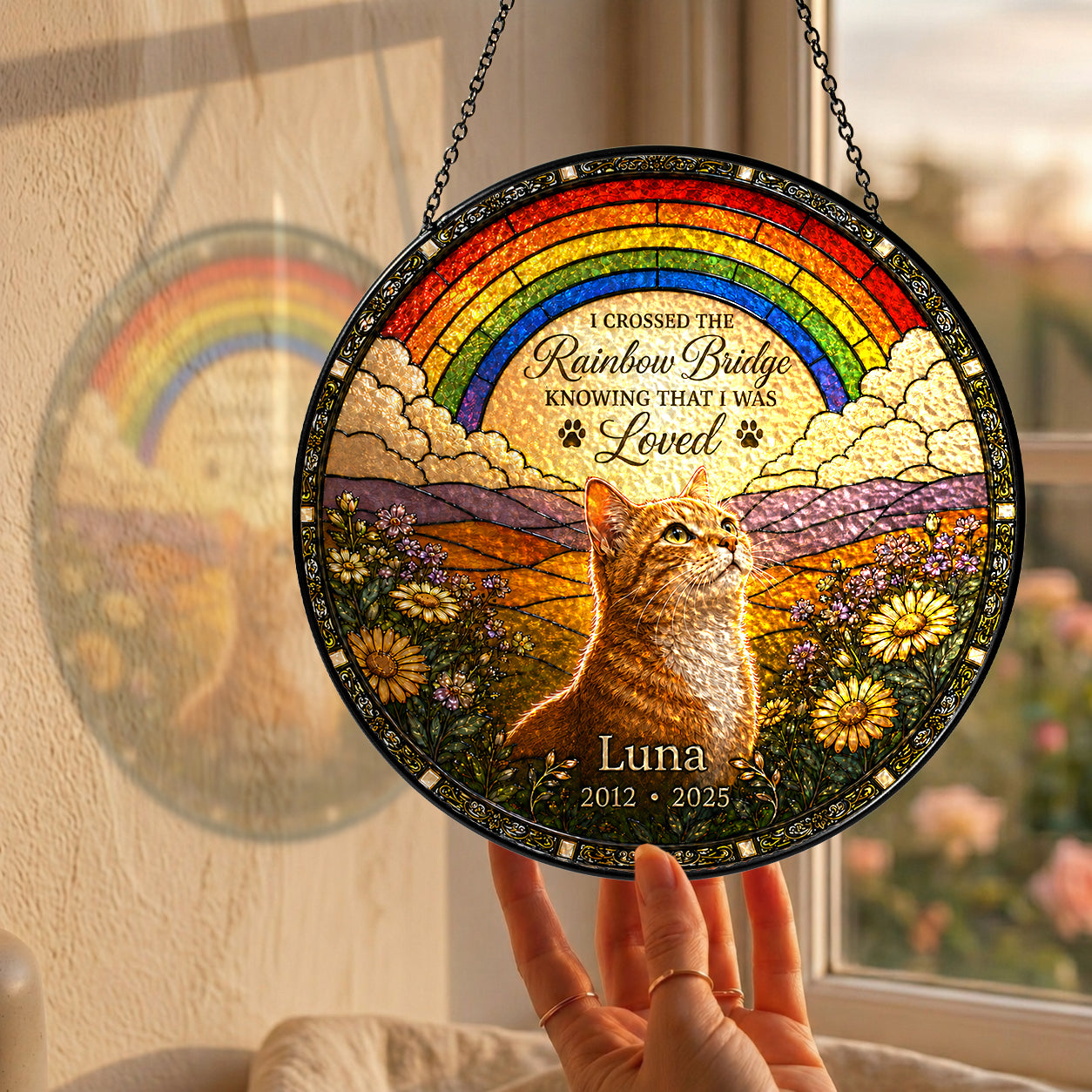 Personalized Rainbow Bridge Cat Memorial Glass Suncatcher