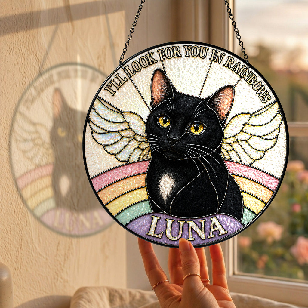 Personalized Cat Memorial Angel Wings Stained Glass Suncatcher
