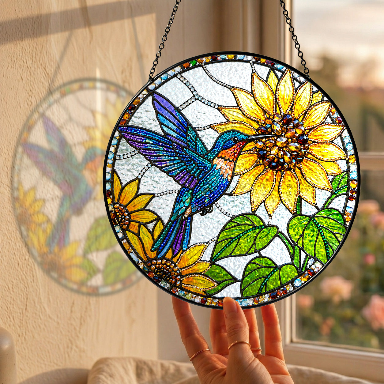 Hummingbird Sunflower Stained Glass Suncatcher