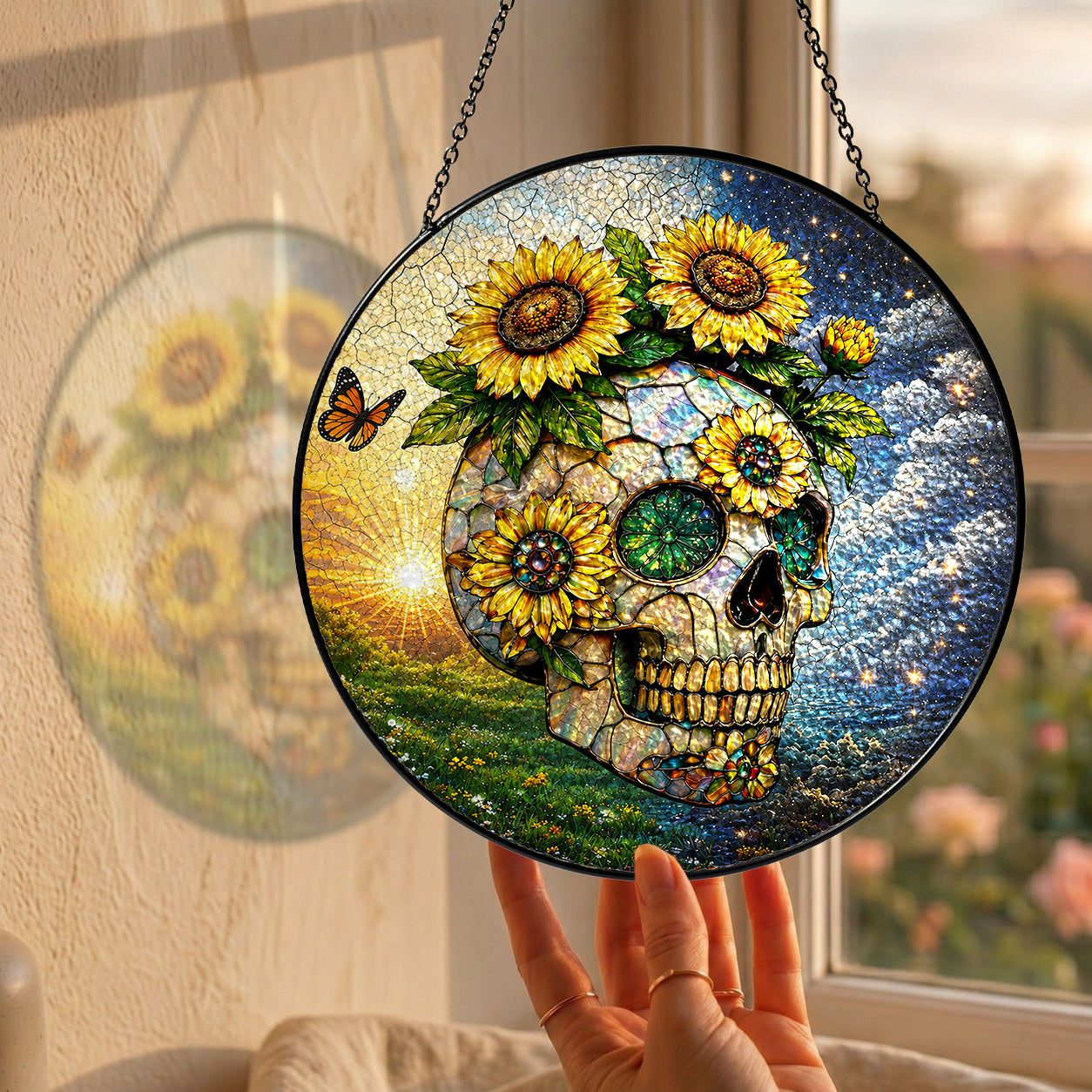 Sunflower Skull Stained Glass Suncatcher