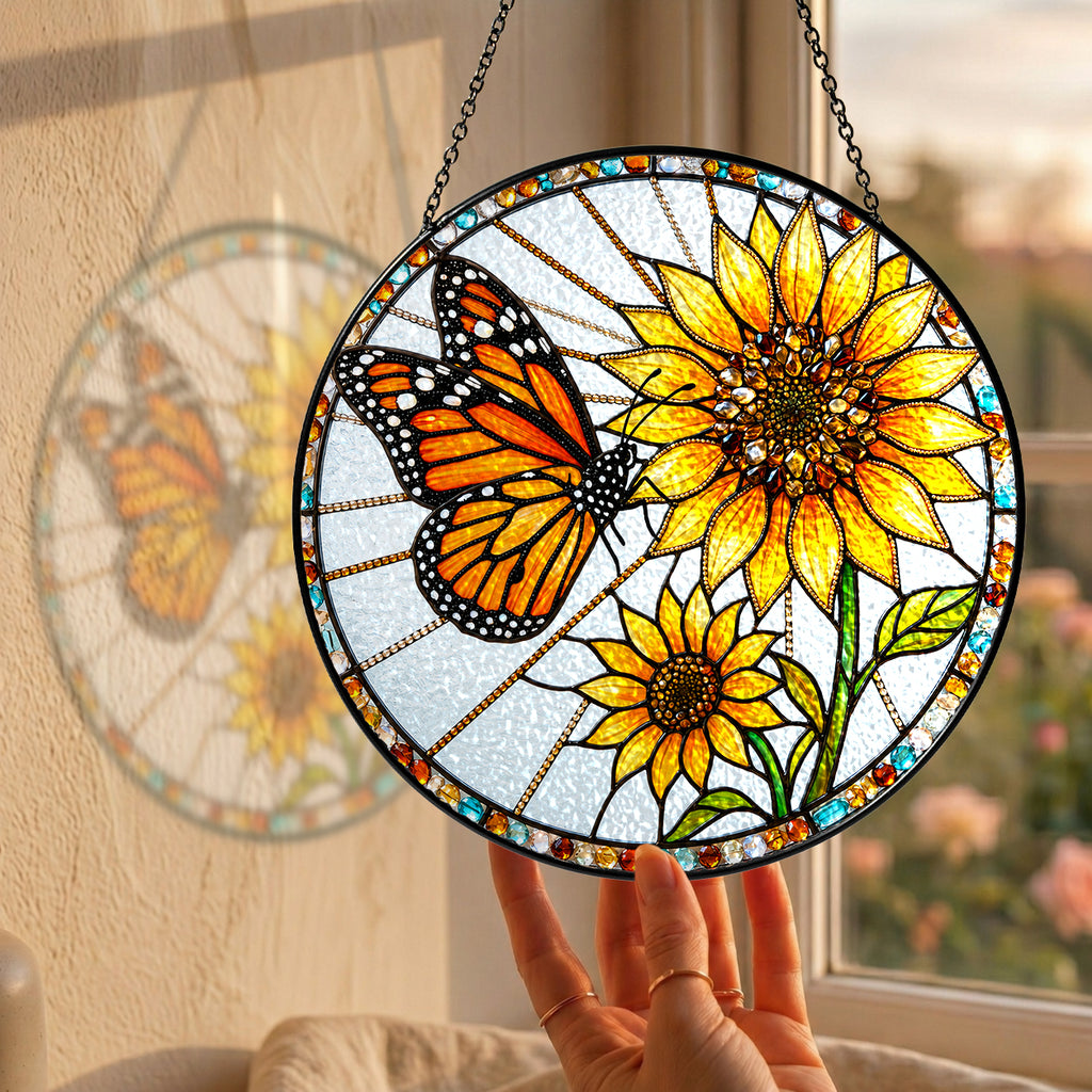 Monarch Sunflower Stained Glass Suncatcher