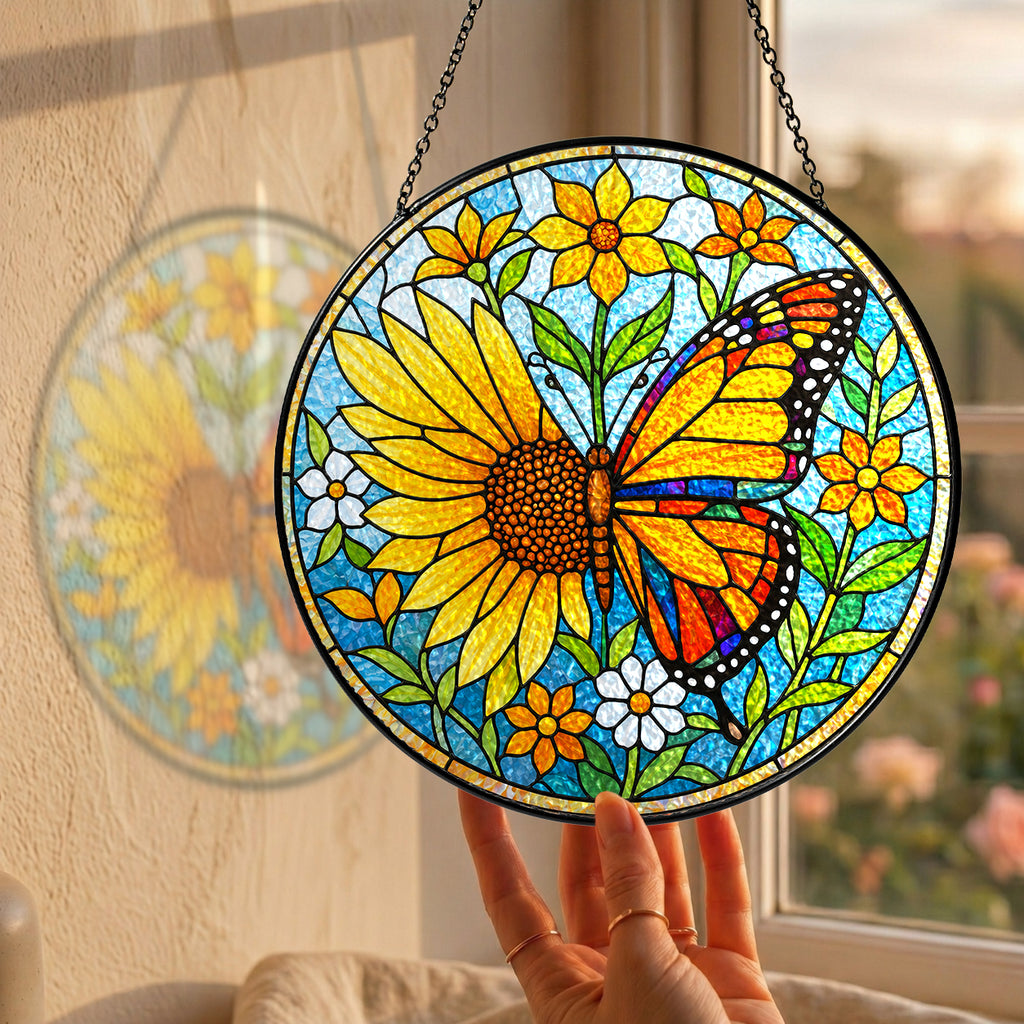 Sunflower & Monarch Butterfly Stained Glass Suncatcher