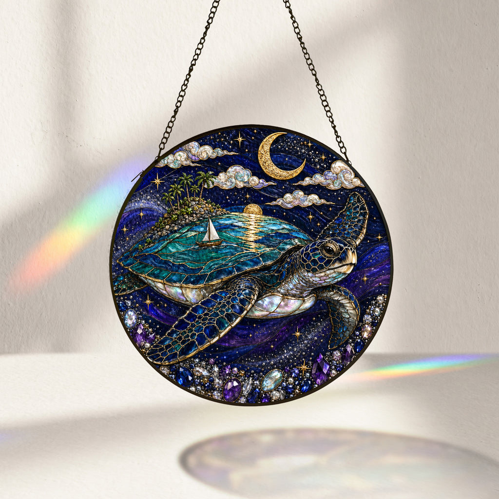 [PIXIWOO] Stained Glass Suncatcher Sea Turtle Window Hanging Decor, Ocean Turtle Island Acrylic Ornament, Moon Star Coastal Wall Art, Fantasy Beach House Sun Catcher Gift for Turtle Lovers