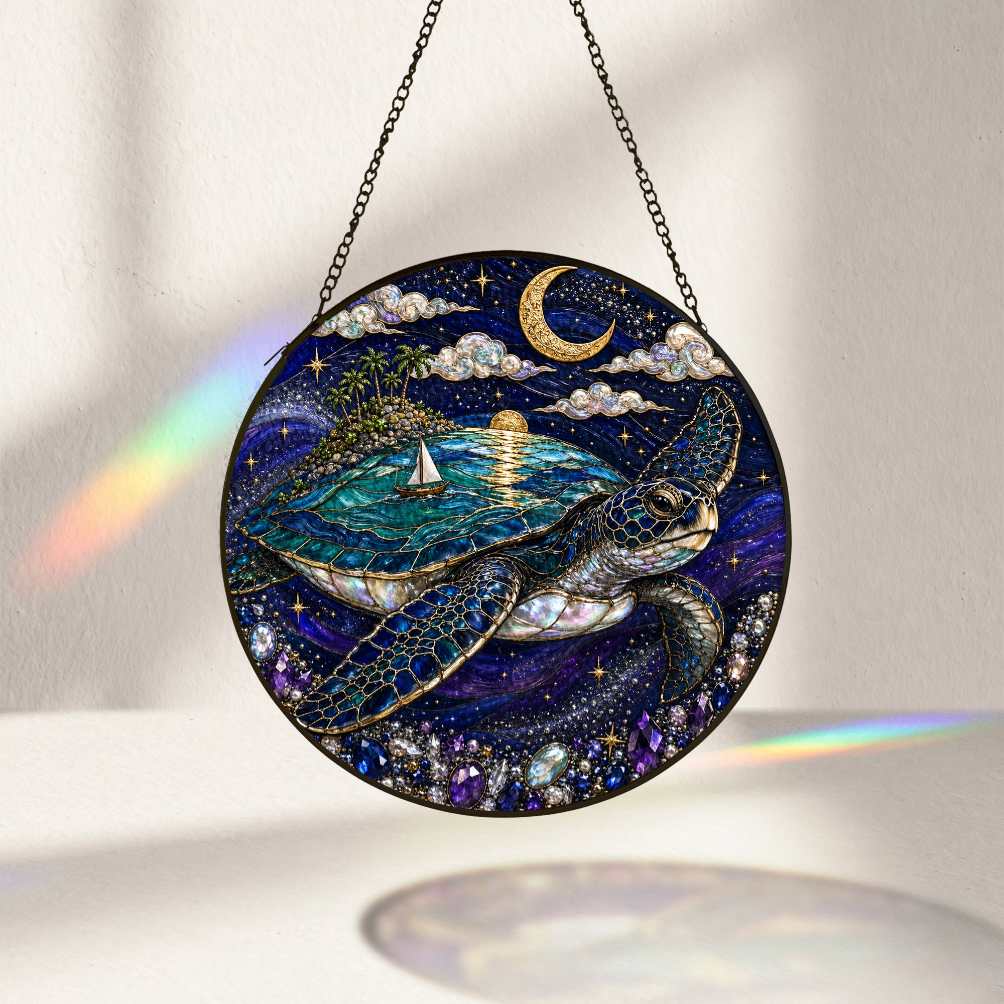 [PIXIWOO] Stained Glass Suncatcher Sea Turtle Window Hanging Decor, Ocean Turtle Island Acrylic Ornament, Moon Star Coastal Wall Art, Fantasy Beach House Sun Catcher Gift for Turtle Lovers