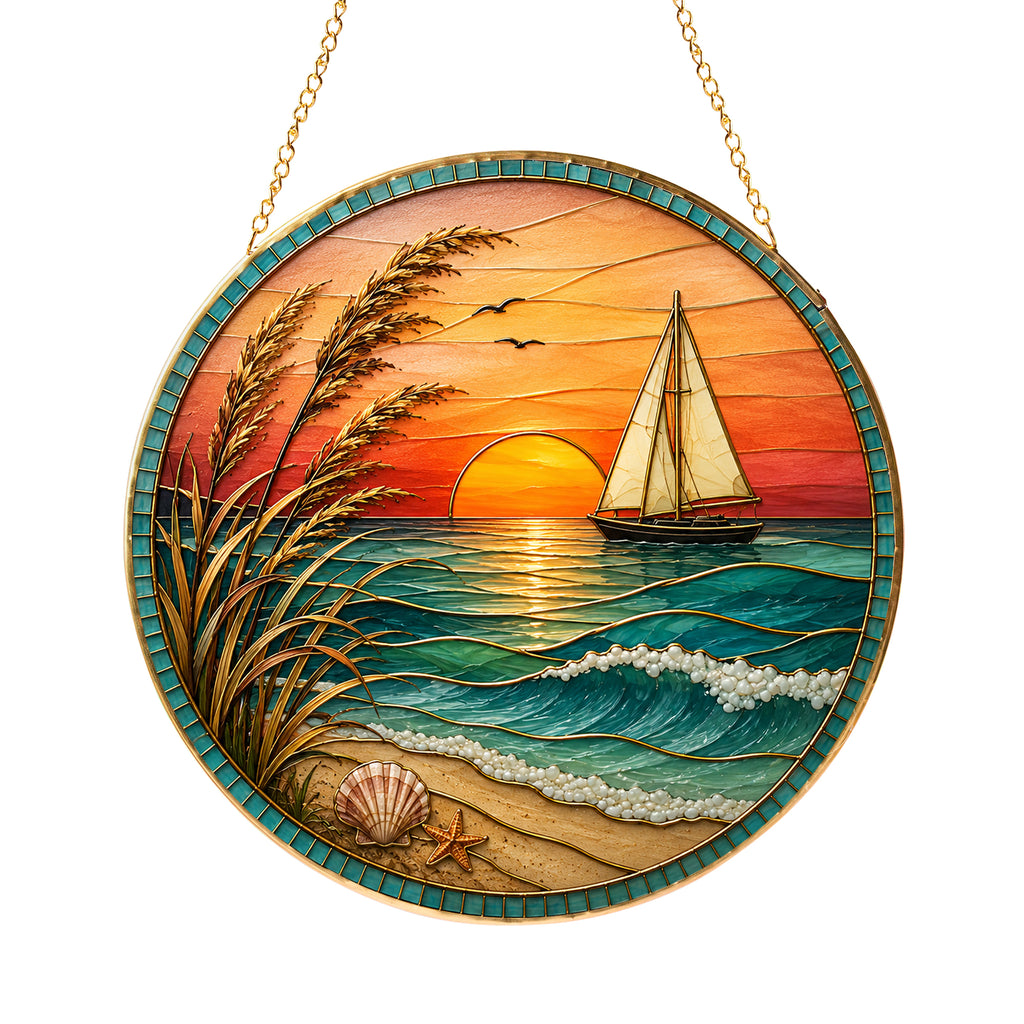 [ PIXIWOO] Stained Glass Suncatcher Sunset Sailboat Window Hanging Decor, Ocean Beach Acrylic Ornament, Coastal Beach House Wall Art, Nautical Sea Waves Sun Catcher Gift for Ocean Lovers