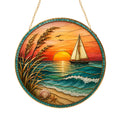 [ PIXIWOO] Stained Glass Suncatcher Sunset Sailboat Window Hanging Decor, Ocean Beach Acrylic Ornament, Coastal Beach House Wall Art, Nautical Sea Waves Sun Catcher Gift for Ocean Lovers