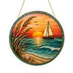 [ PIXIWOO] Stained Glass Suncatcher Sunset Sailboat Window Hanging Decor, Ocean Beach Acrylic Ornament, Coastal Beach House Wall Art, Nautical Sea Waves Sun Catcher Gift for Ocean Lovers