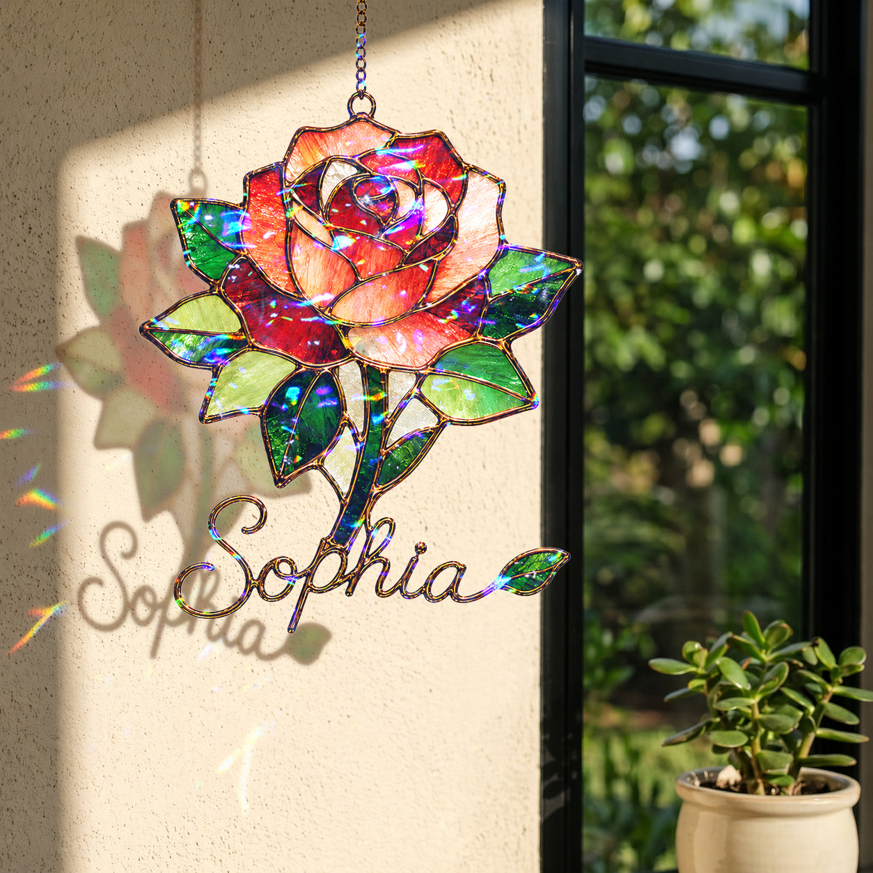 Personalized Red Rose Holographic Acrylic Suncatcher
