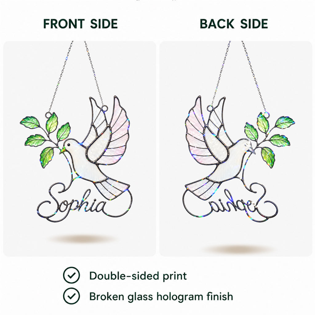 Personalized White Dove & Olive Branch Holographic Acrylic Suncatcher