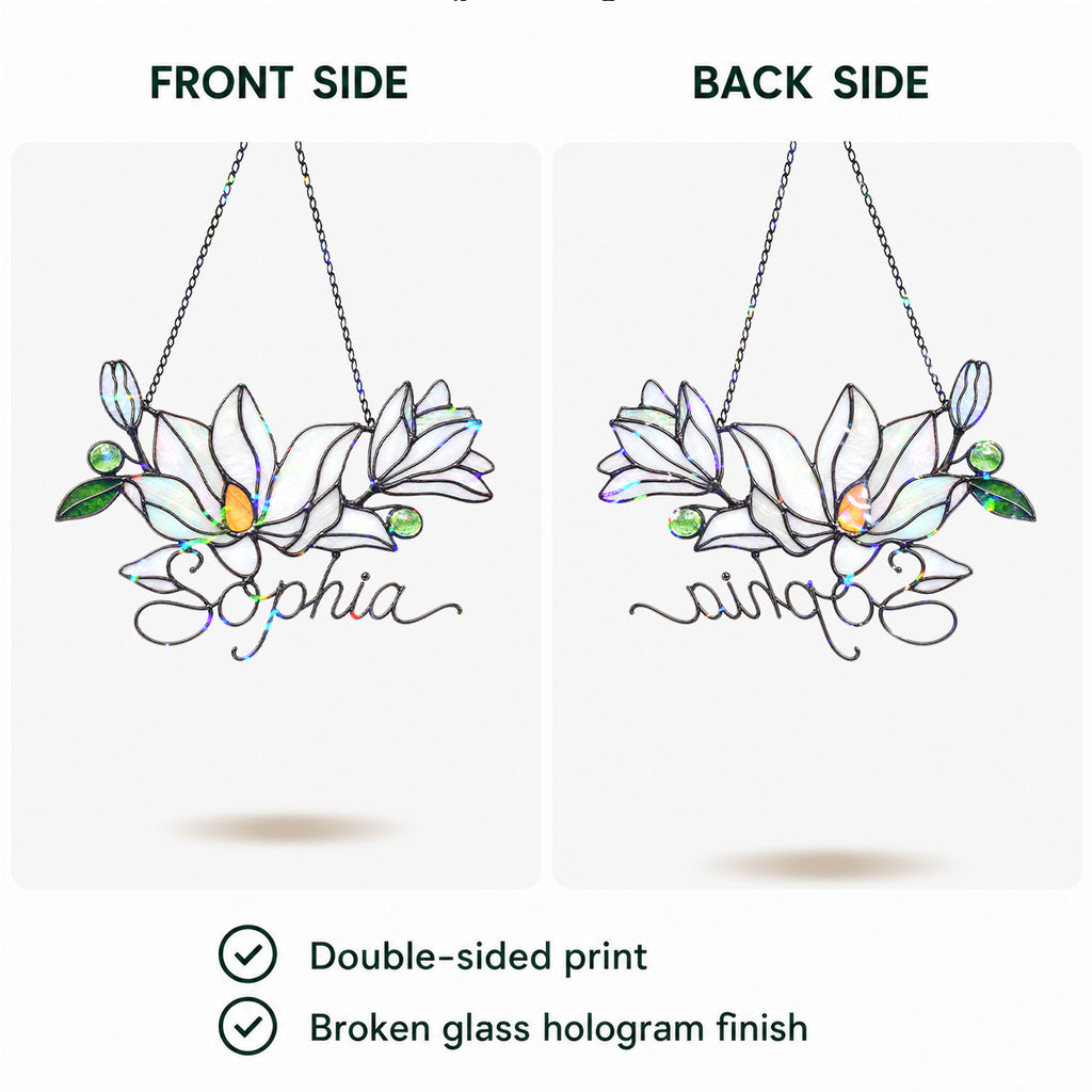 Personalized White Magnolia Branch Holographic Acrylic Suncatcher