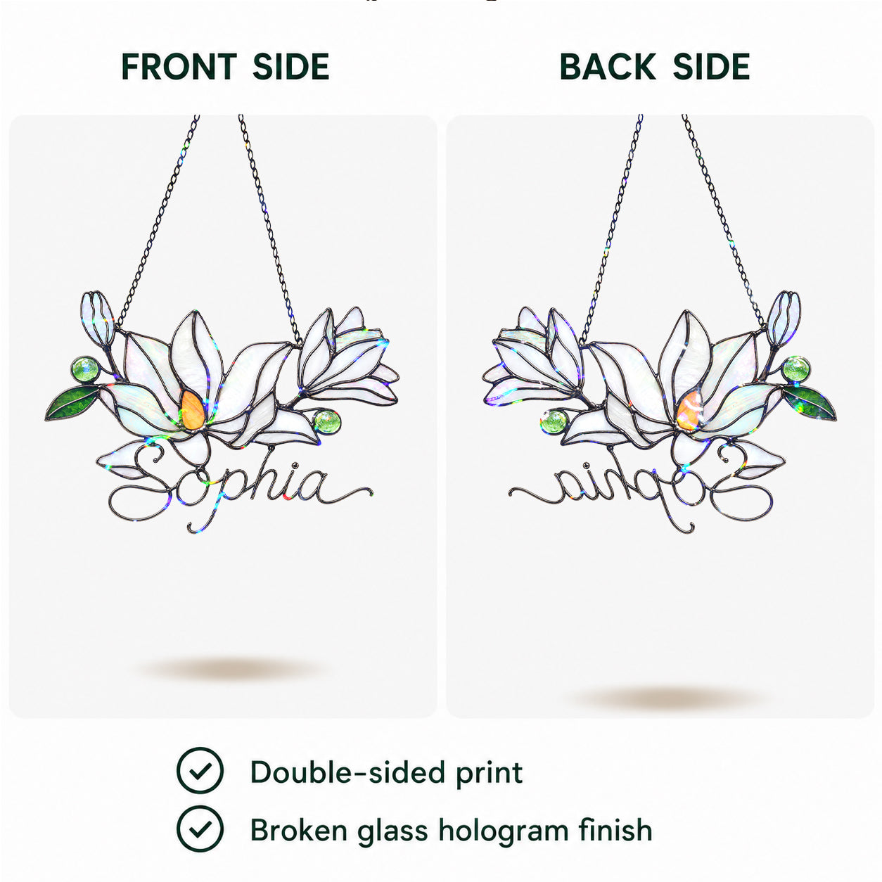 Personalized White Magnolia Branch Holographic Acrylic Suncatcher