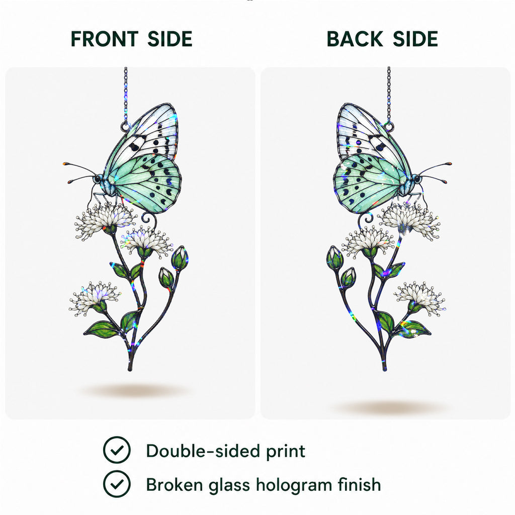 Mint Butterfly & White Blossom Holographic Acrylic Suncatcher