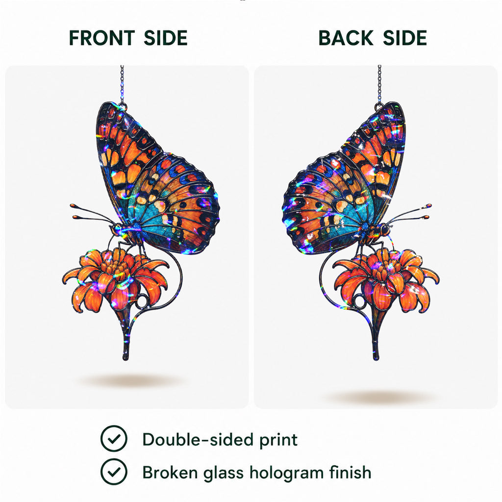 Orange & Blue Butterfly with Marigold Holographic Acrylic Suncatcher