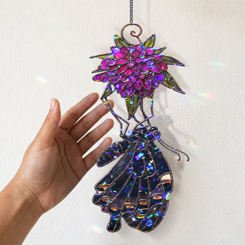 Black Swallowtail & Purple Dahlia Holographic Acrylic Suncatcher
