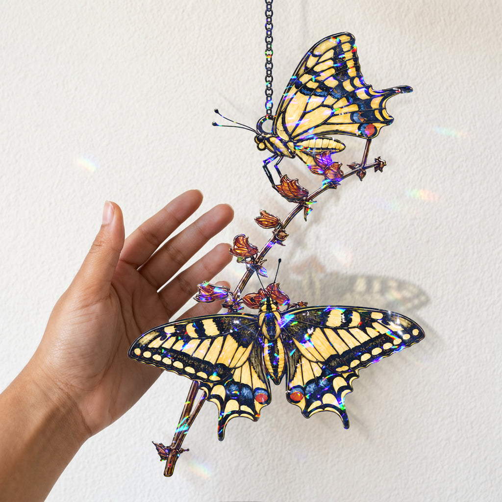 Two Swallowtail Butterflies on Blossom Branch Holographic Acrylic Suncatcher