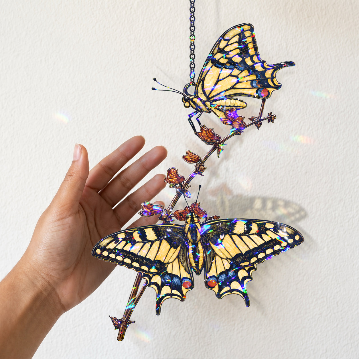Two Swallowtail Butterflies on Blossom Branch Holographic Acrylic Suncatcher