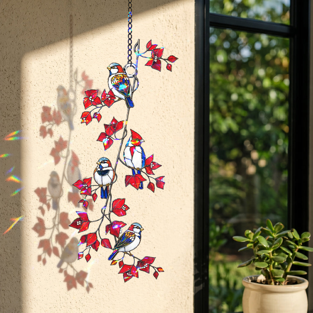 Sparrows & Cardinal on Red Leaf Vine Holographic Acrylic Suncatcher
