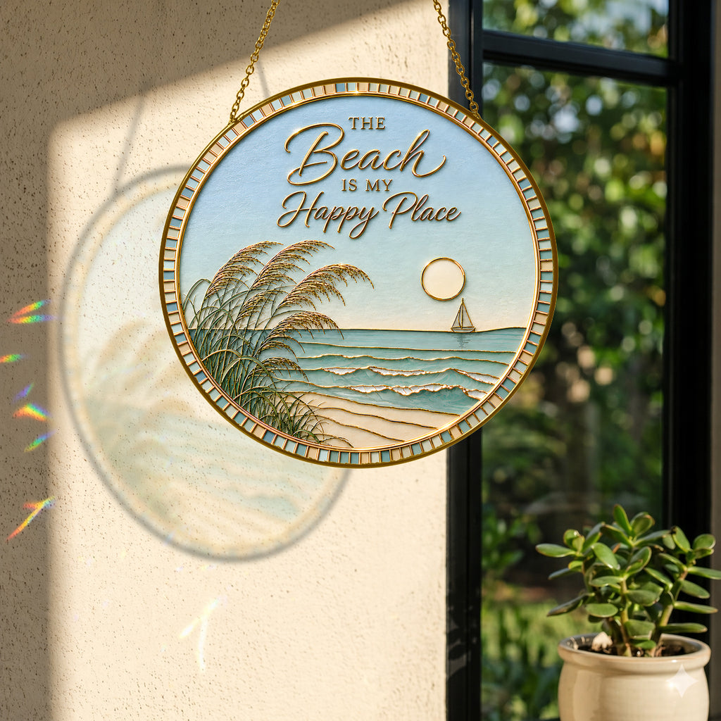 [PIXIWOO] Stained Glass Suncatcher Beach Window Hanging Decor, The Beach Is My Happy Place Ocean Acrylic Ornament, Coastal Wall Art, Beach House Sun Catcher Gift for Ocean Lovers