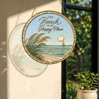 [PIXIWOO] Stained Glass Suncatcher Beach Window Hanging Decor, The Beach Is My Happy Place Ocean Acrylic Ornament, Coastal Wall Art, Beach House Sun Catcher Gift for Ocean Lovers