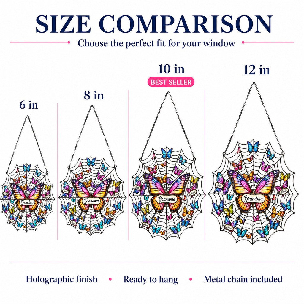 Size comparison chart 6, 8, 10 and 12 inch personalized suncatcher