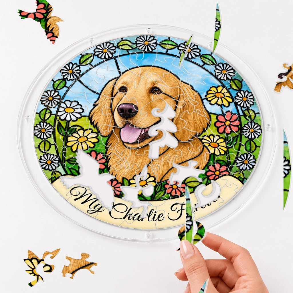 Hands assembling the daisy garden dog memorial acrylic puzzle suncatcher pieces