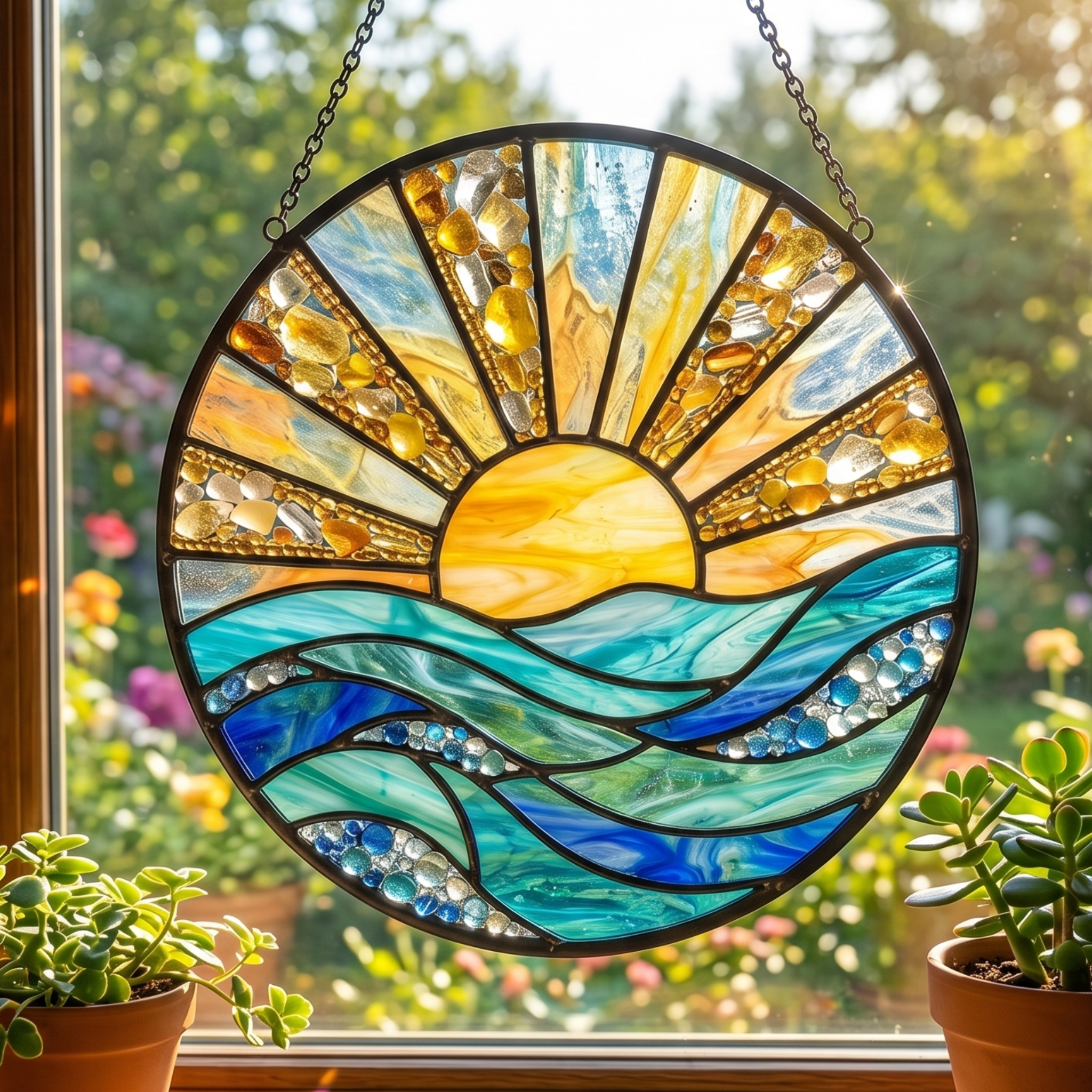 Ocean Sunrise Stained Glass Suncatcher with Coastal Wave and Sun