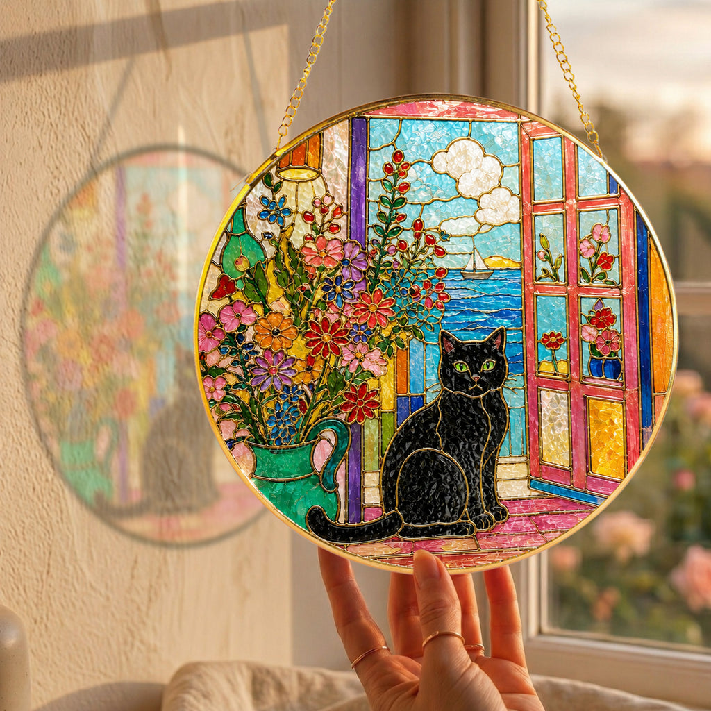 Black cat window stained glass suncatcher luminous stained glass artwork