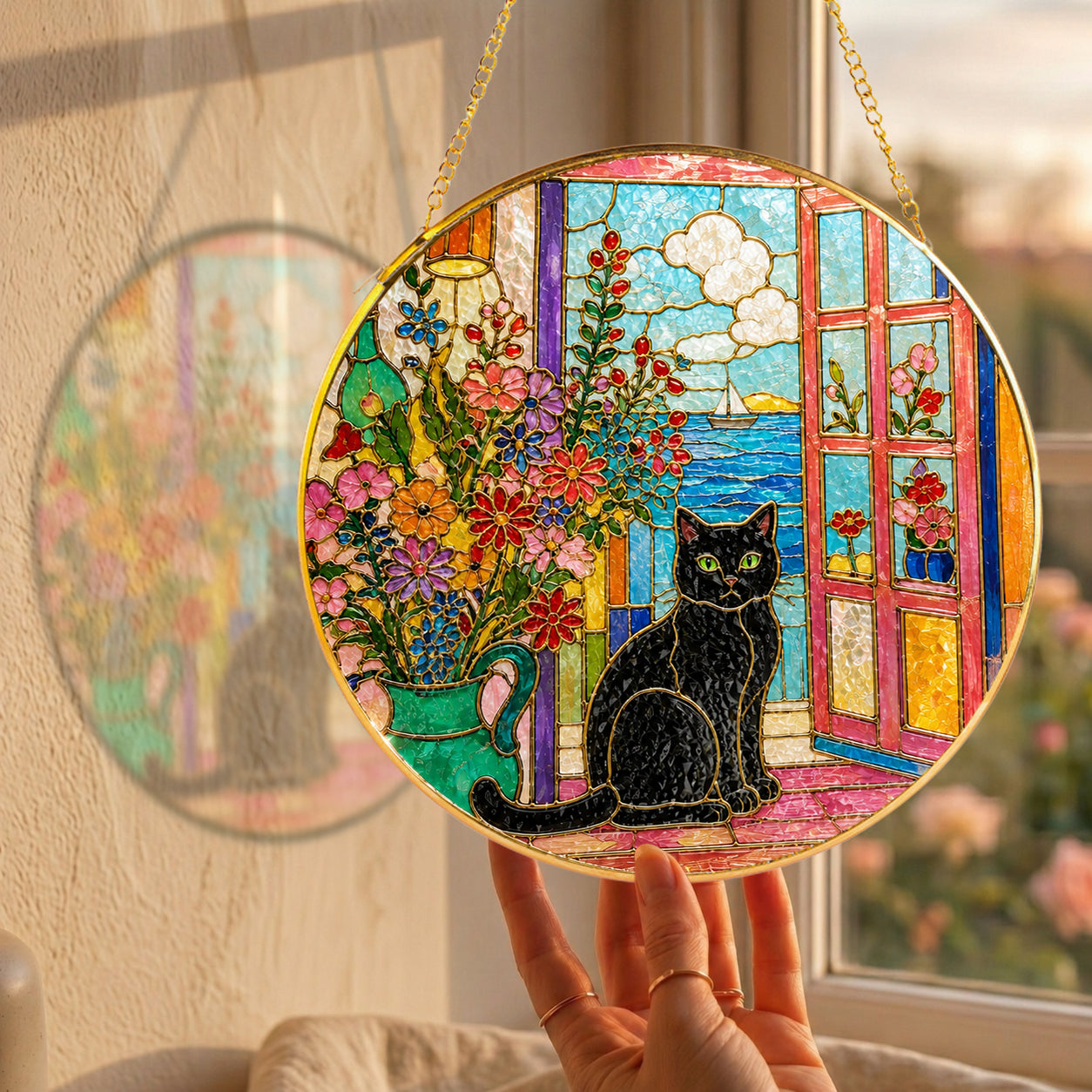 Black cat window stained glass suncatcher luminous stained glass artwork