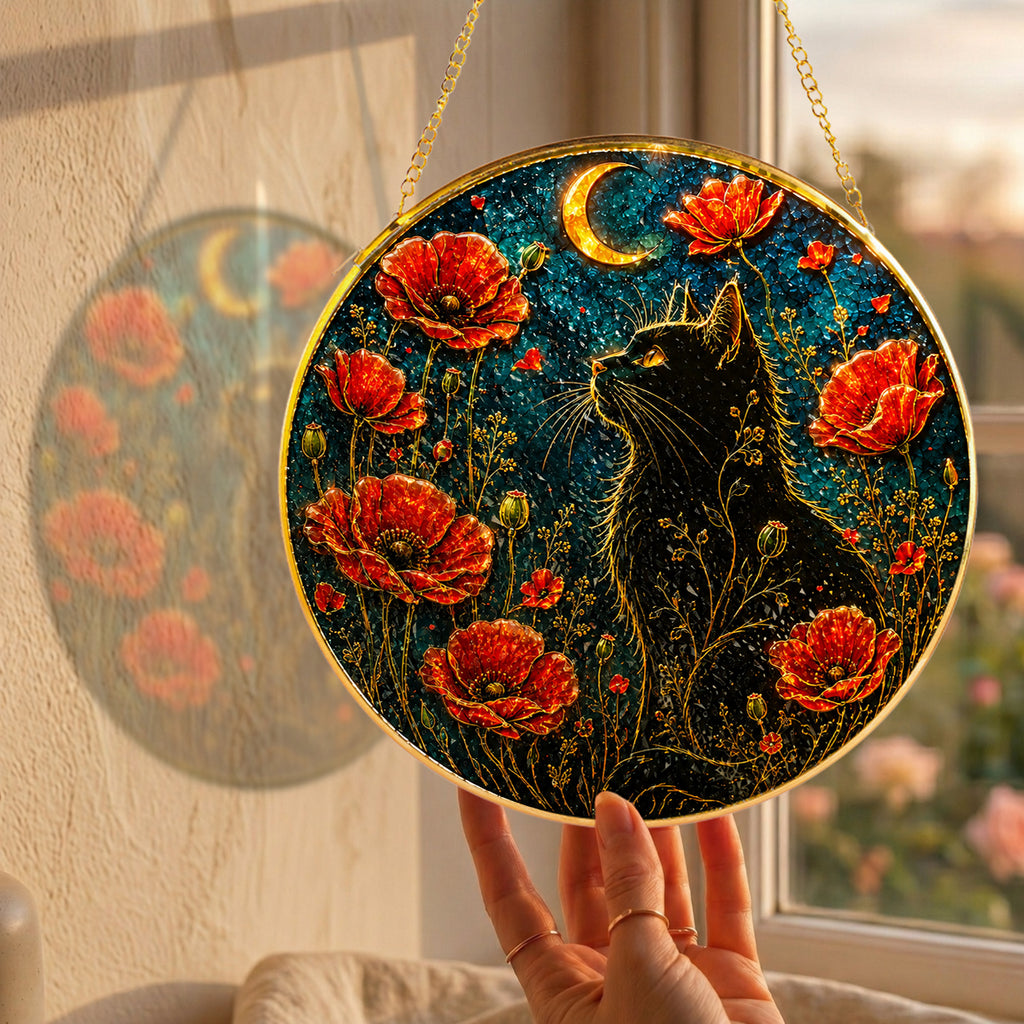 Black cat and red poppies stained glass suncatcher luminous stained glass artwork