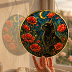 Black cat and red poppies stained glass suncatcher luminous stained glass artwork