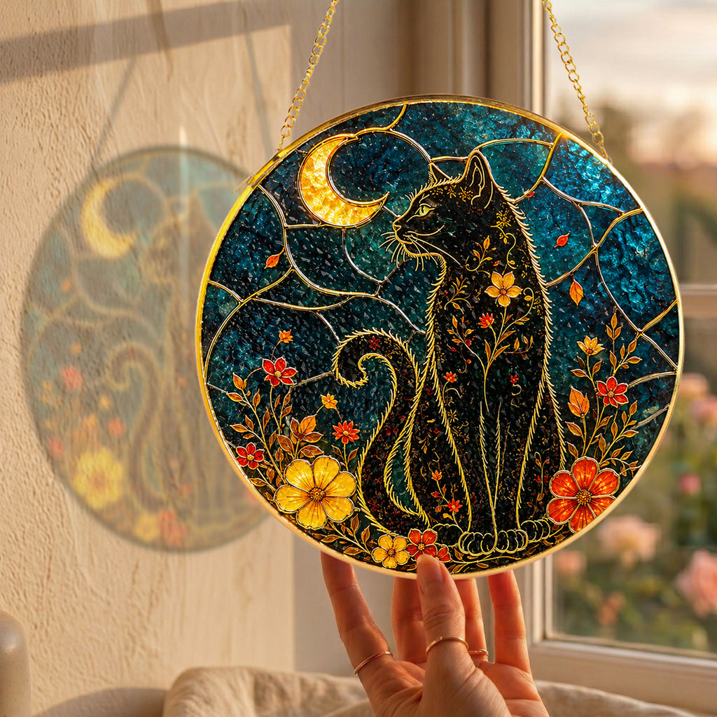 Black cat crescent moon stained glass suncatcher luminous stained glass artwork