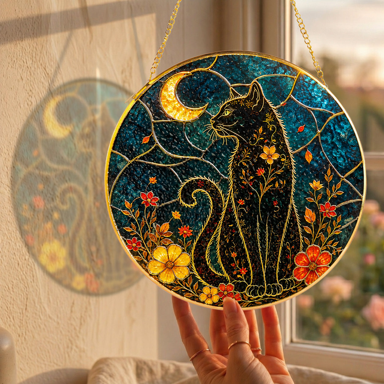 Black cat crescent moon stained glass suncatcher luminous stained glass artwork