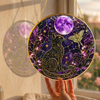 Celestial cat and purple moon stained glass suncatcher luminous stained glass artwork